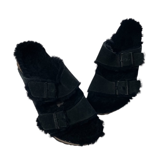 Birkenstock Arizona Shearling Sandals Suede Leather Black 39 L8 M6 - Picture 1 of 10